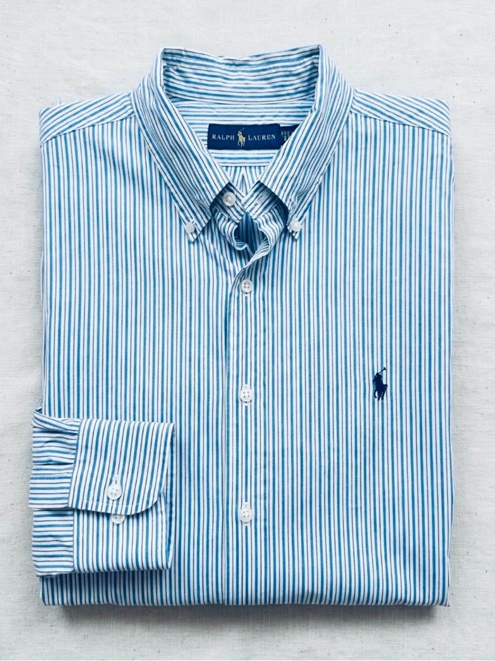 Ralph Lauren Men's Striped Button Down Shirt Blue White Size 17.5 / 44 XL